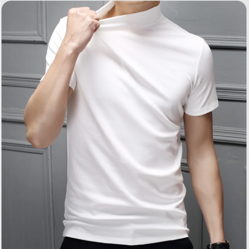 Mezza Dolcevita In Seta Di Latte Manica Corta Slim T-Shirt Uomo Solido Dolcevita Trend Bottoming Shirt High Street Fashion Man T Shirt