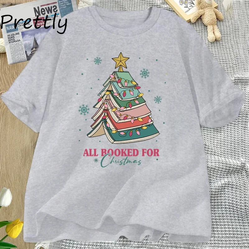 Book Tree Christmas T Shirt All Booked for Christmas T-shirt for Book Lover Librarian Teachers Tees Bookish Cotton Tshirt 5