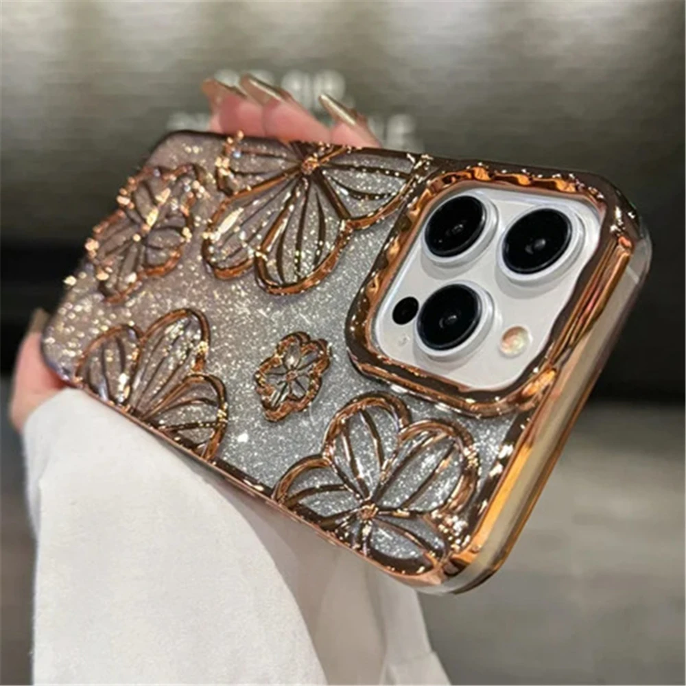 thumbnail image 1 of Luxury Plating Clear Bling Glitter Gradient Flowers Phone Case For iPhone 15 11 12 13 14 Pro Max Soft Silicone Shockproof Cover, 1 of 5