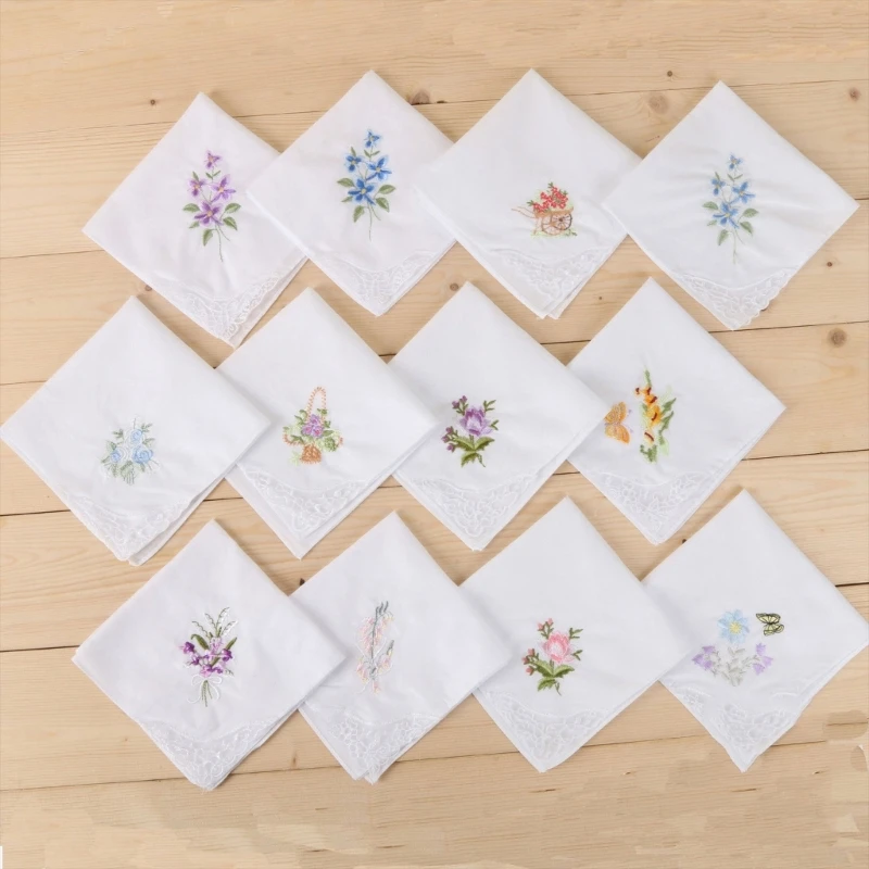 1 Pc 28cm Colorful White Lace Embroidered Handkerchief Floral Pattern Cotton Square Towel Wedding Party Hanky Random Color