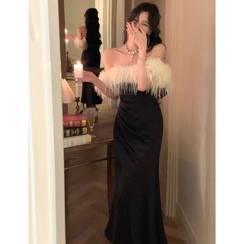 

Elegant Women Wedding Party Dress Fashion Vintage Slash Neck Feather Tierred Robe Retro Sexy Backless Evening Dress Vestido Chic