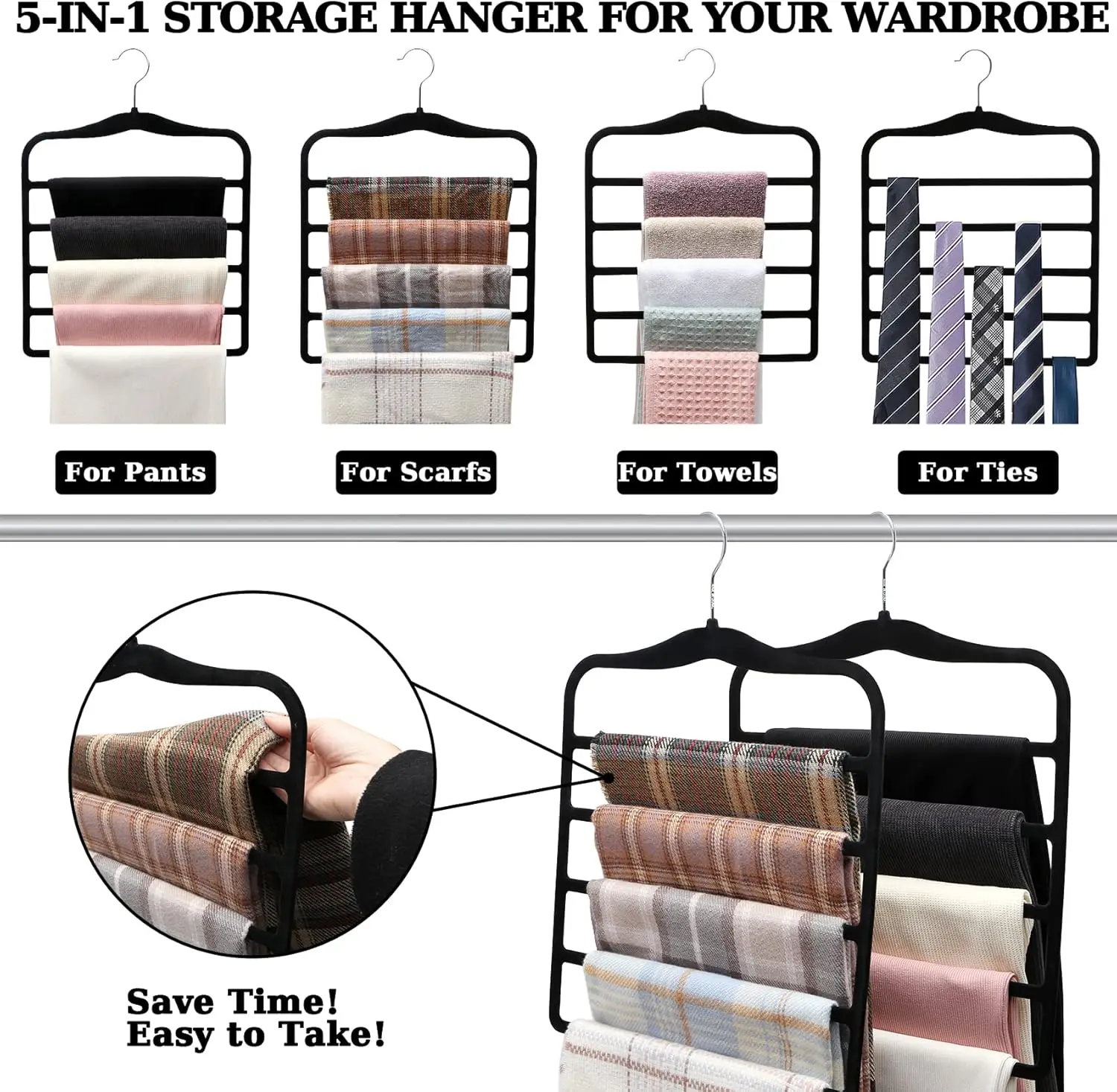 Closet Organizers and Storage,3 Pack Velvet Pants-Hangers-Space-Saving,Non Silp 5 Tier Scarf Jeans Organizer 3