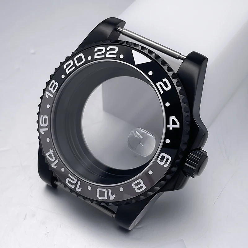 All-Black Sub Style Watch Case with Rubber Strap and Sapphire Crystal