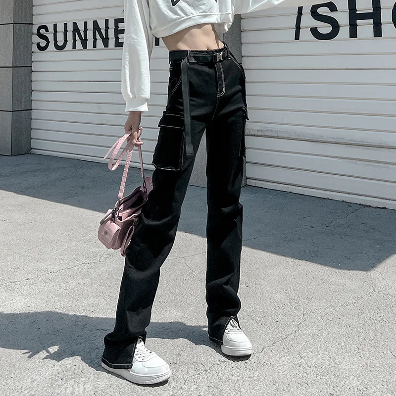 

Black Cotton Jeans Women Casual Loose Straight Long Trousers Ladies Harajuku Punk Fashion Pants Capris