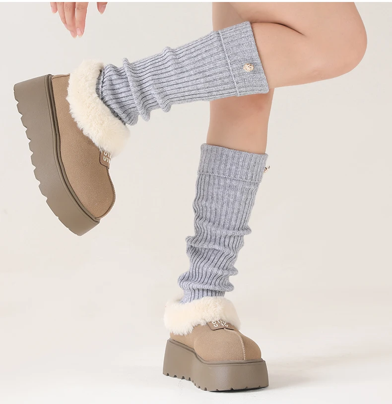 Gerippte Beinwärmer für Damen mit Deko-Knopf JK Echtwollmischung Knöchelbesatz Stiefelsocken Herbst Winter Fußabdeckung Druckfrei Y2k – Detail 13