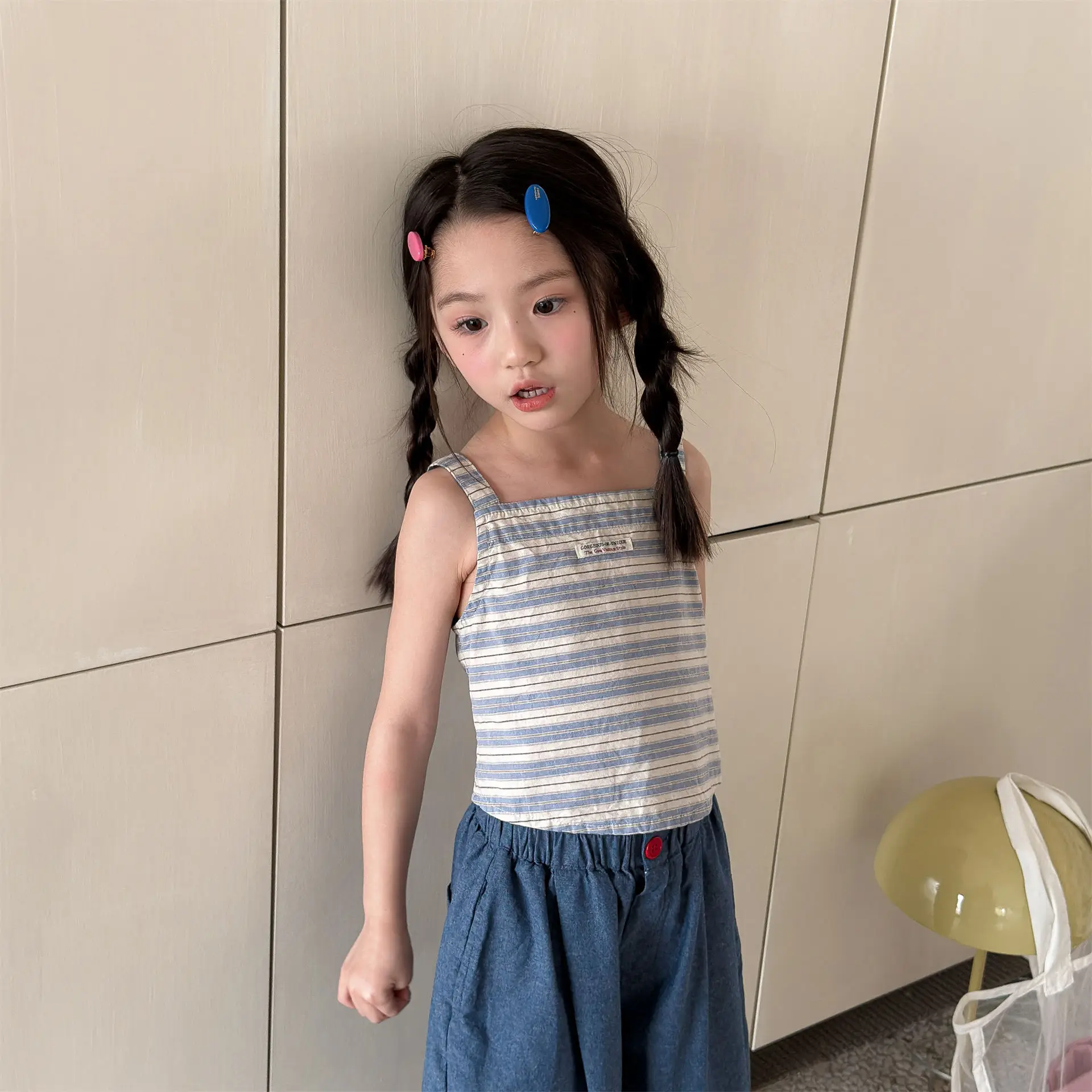 2026 여름 새로운 어린이 민소매 셔츠 코튼 소녀 스트라이프 조끼  느슨한 탑 ..