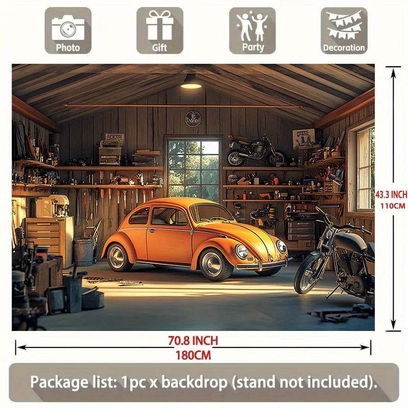 Ein heller Garagenhintergrund mit klassischen Auto- und Motorraddesigns – aus strapazierfähigem Polyestermaterial, Garagendekoration – Detail 8