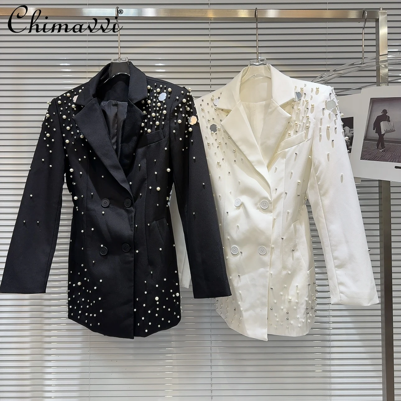 2024 Spring New Fashion Heavy Pearl Sequined Waist-Tight Blazers Performance Slim-Fit Long Sleeve Elegant Business Suit Coat