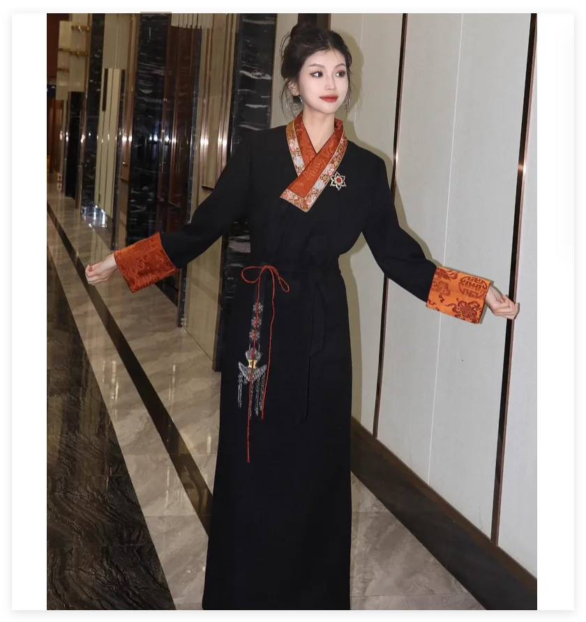 Winter woolen Tibetan dress with color blocked lapel, light luxury temperament Tibetan clothing