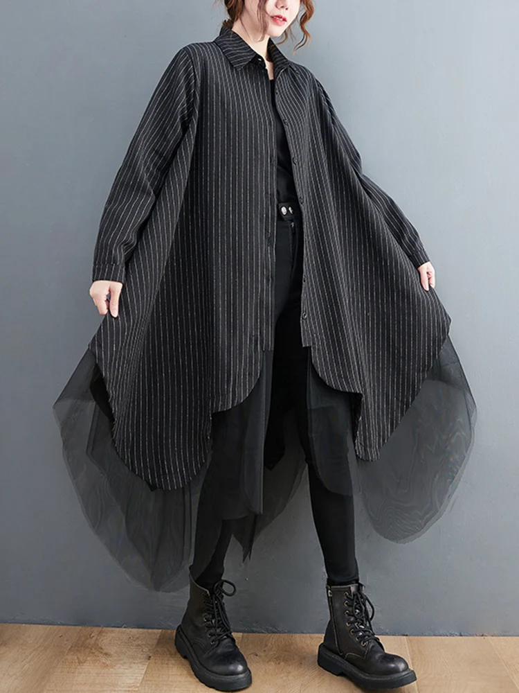 Cotton Striped Mesh Spliced Shirt Dresses For Women Long Sleeve Loose Casual Vintage Dress Fashion Clothes Spring Autumn 2025
