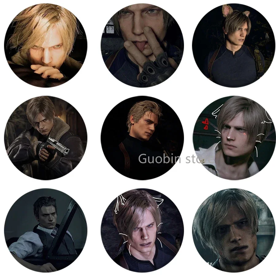 Leon Kennedy Pink Bow Heart Cute Button Pin Evil Game Creative Leon Brooch Badge for Bag Accessories Friends Gift 58mm