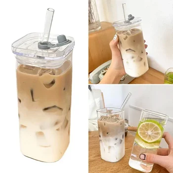 Square Heat Resistant Transparent Glass Cup with Lip and Straw Summer Milk Tea Coffee Cup Mugs Home Bar Drinkware 350ML