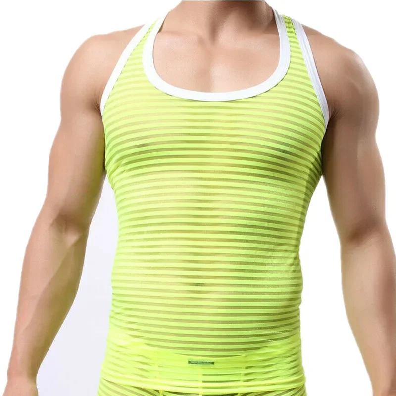 Mens Undershirts Sleeveless T-shirts Tank Tops Sportswear Vest See Through Striped Transparent men underwear