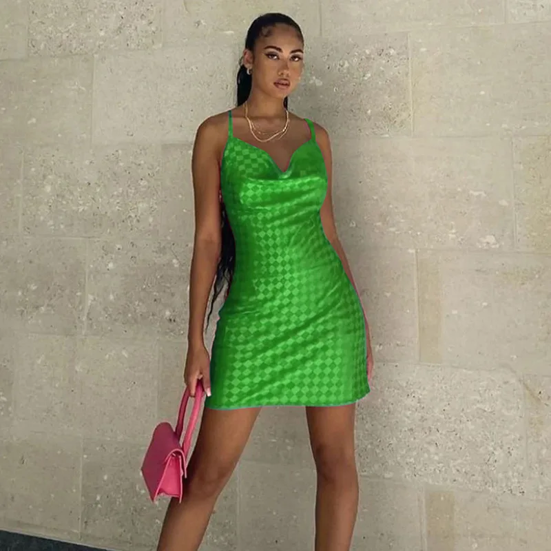 

Women Spaghetti Strap Dress Casual Solid Color Plaid Sleeveless Backless Party Dress for Nightclub Beach
