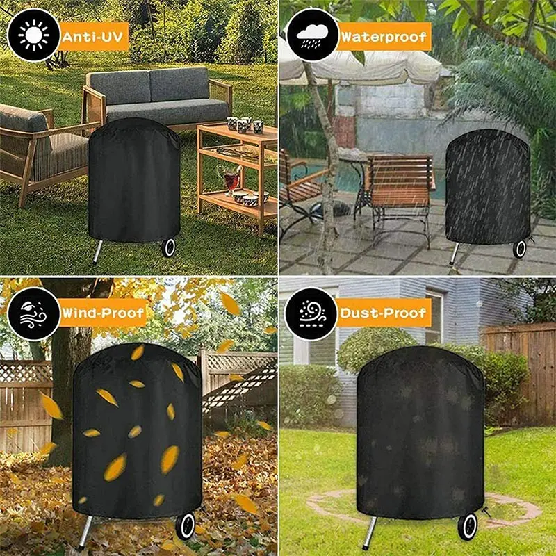 Round Black Outdoor Grill Cover Fire Pit Stove BBQ Covers Waterproof Heavy Duty Garden 210D Cloth Electric BBQ Protection Cover 5