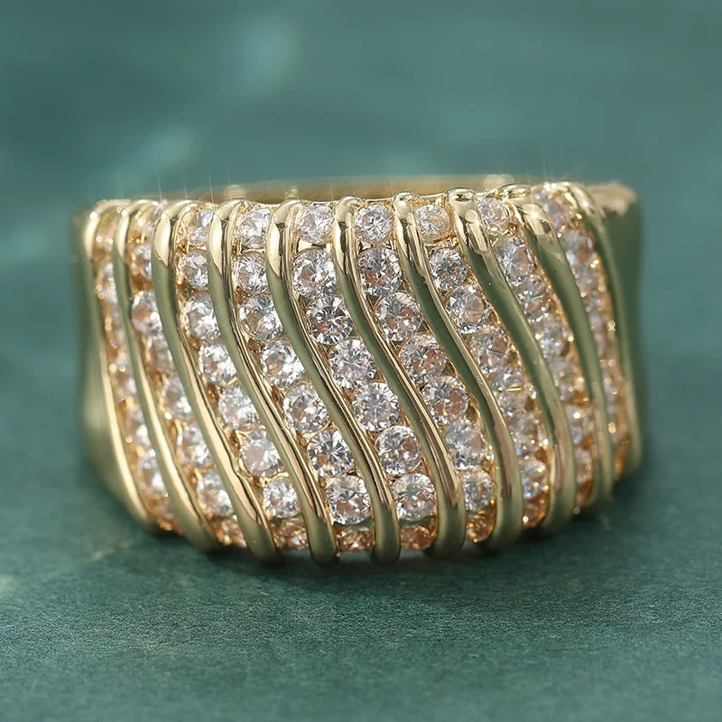 Golden Wide Band Chunky Statement Ring with Synthetic Cubic Zirconia