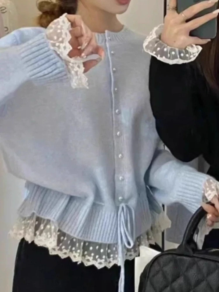 Knitted Sweater Women 2025 Autumn New Arrival Pearl Buttons Lace Patchwork Sweaters Pullovers Korean Style Casual Outwear Tops