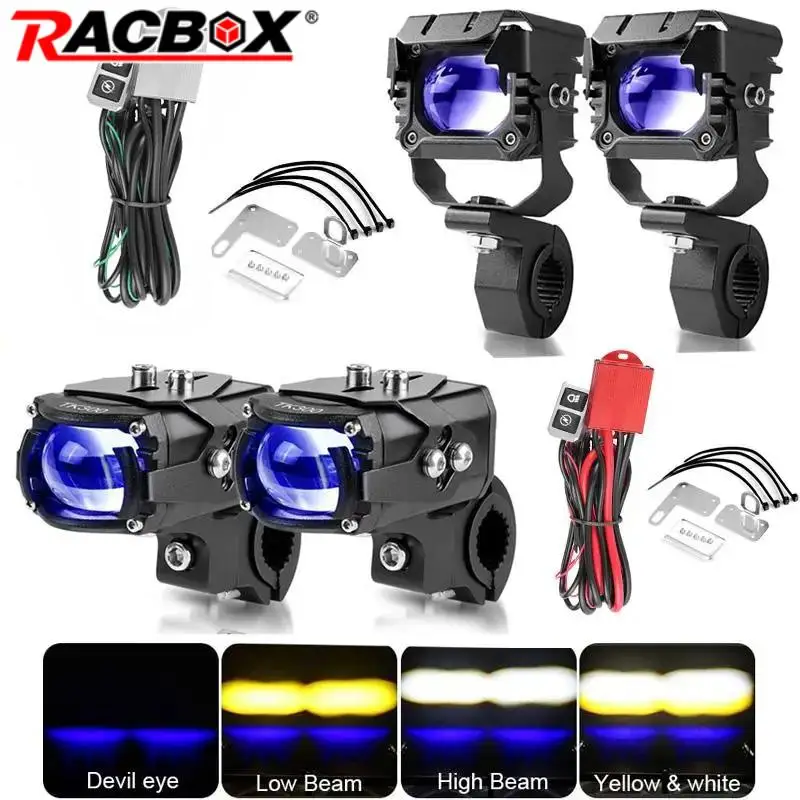 2 pièces LED phares de moto projecteur jaune blanc lentille