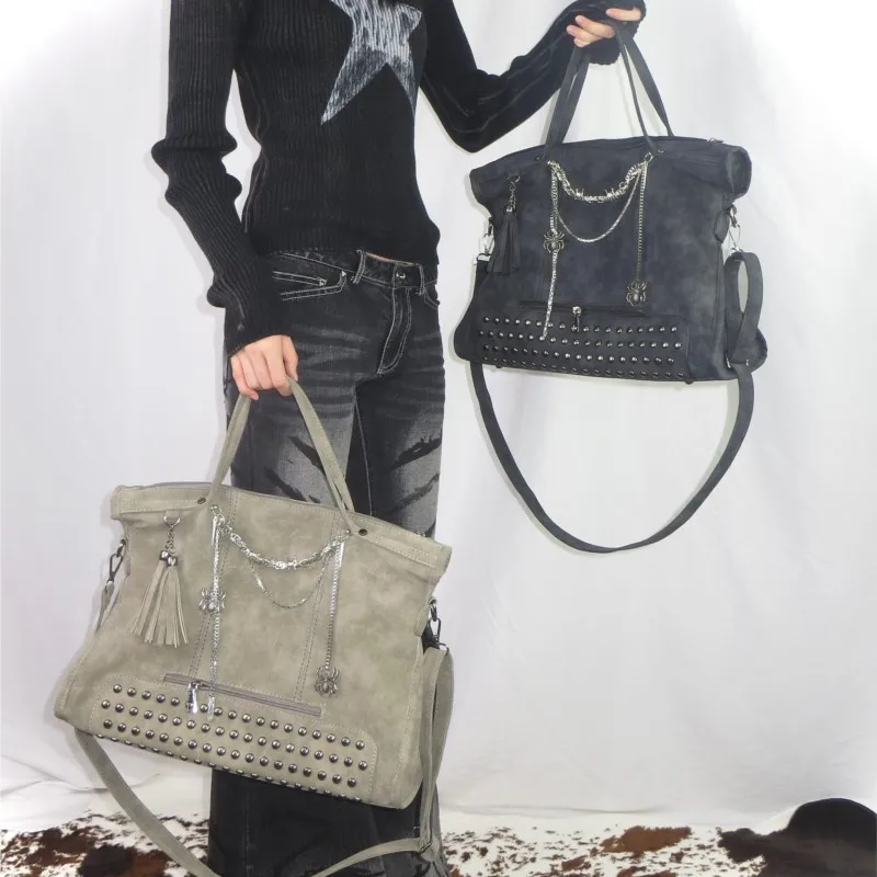 JIAERDI Punk Rivet Grey Crossbody Bag Women Subculture Chain Large Capacity Tote Bag Handbag Ladies Retro Y2k Bags Сумка Женская