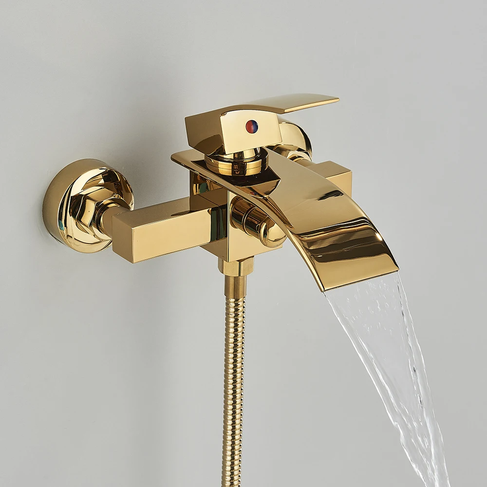 Polish Golden Bathroom Shower Faucet Bathtub Faucet with Hand shower Waterfall Spout Wall Mount Cold Hot Water Mixer Bathing 2