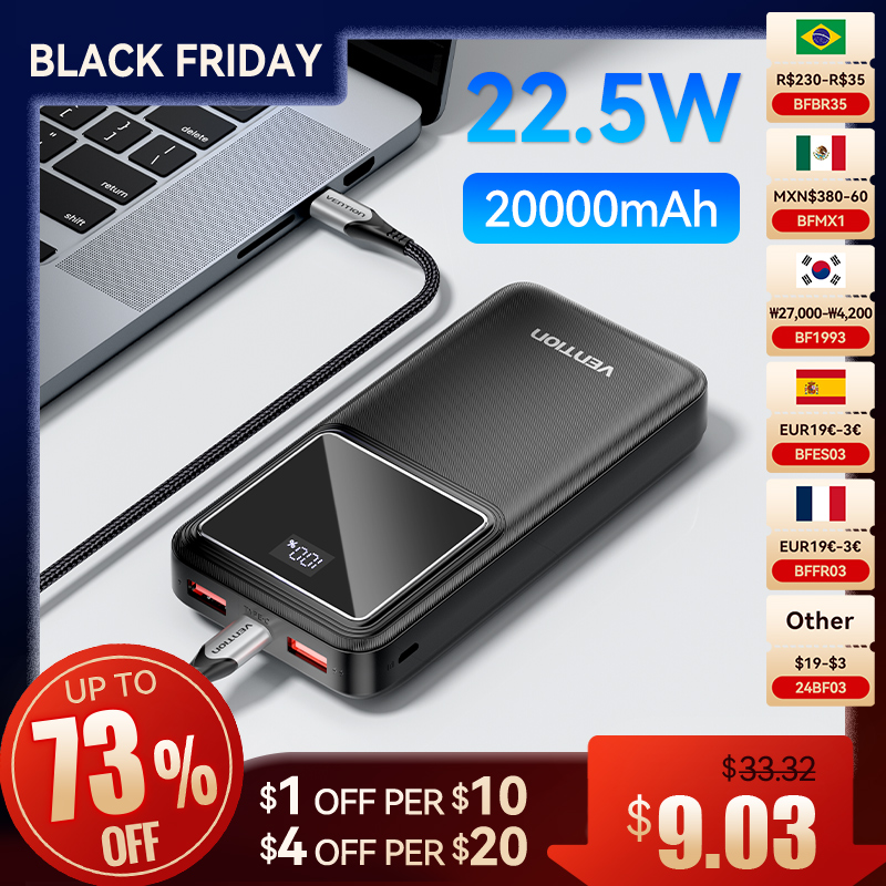 Vention 22.5W Power Bank Fast Charge 20000mAh Portable PowerBank for iPhone 15 Pro Max Xiaomi 10000mAh Portable Battery Charger