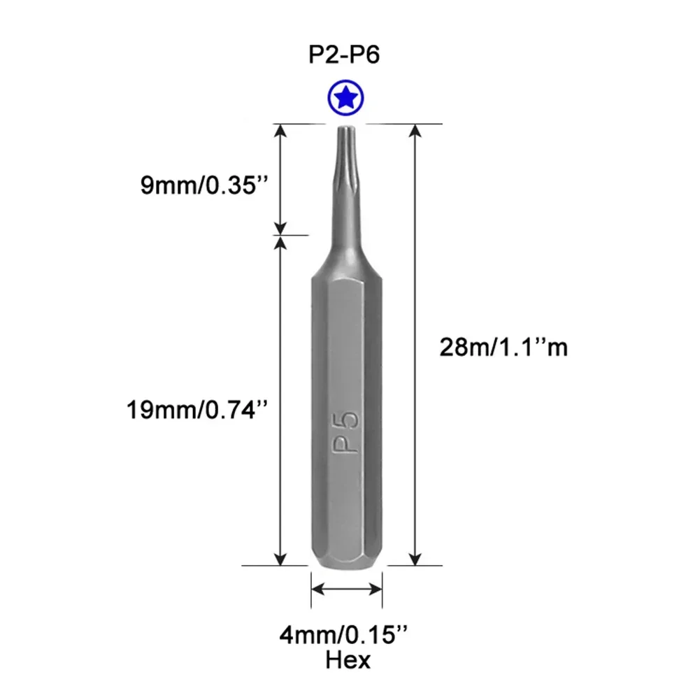 Screwdriver Set 10pcs Pentacle Star Screwdriver Head 28mm Hexagonal Handle Screwdriver Bit Electric Tool Drill P2 P5 P6