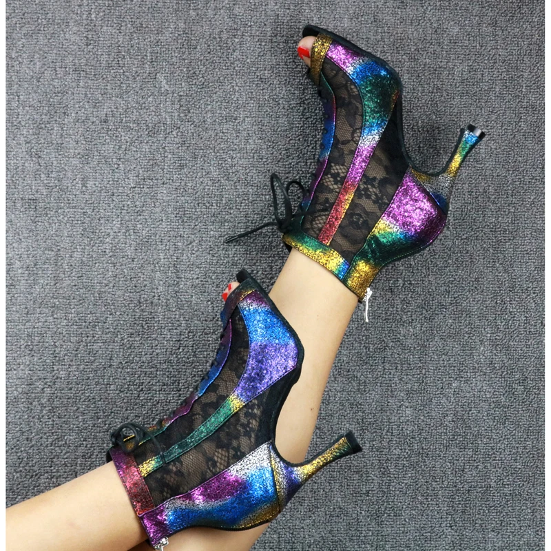 

Женские сетчатые ботинки для бальных танцев, черные, телесные, с мягкой подошвой, Бачата, сальса, обувь для латиноамериканских танцев, женские туфли на высоком каблуке-шпильке со шнуровкой