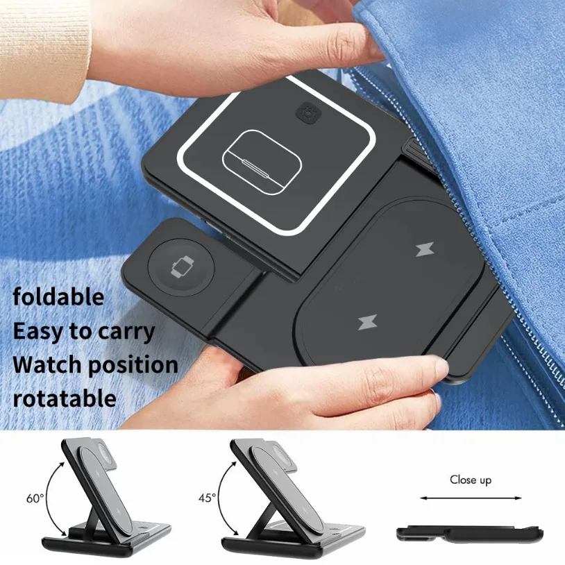Foldable 3 in 1 LED Light Wireless Charger Stand For Samsung S24 S23 Galaxy Watch 2-8 Active 1 2 Buds Pro Fast Charging Station