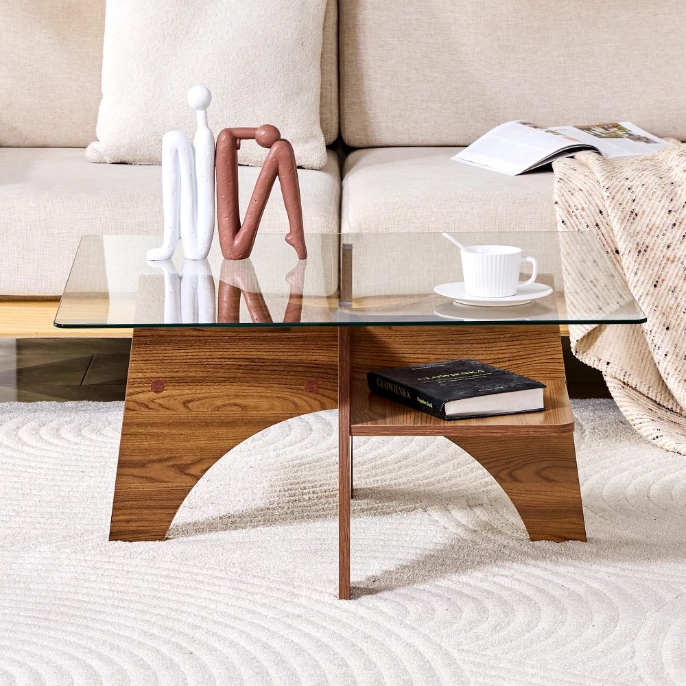 Moderner quadratischer Beistelltisch/Couchtisch aus Sicherheitsglas – 80 cm. Tischbeine aus MDF in Walnussholzoptik. Ideal für das Wohnzimmer – Detail 4