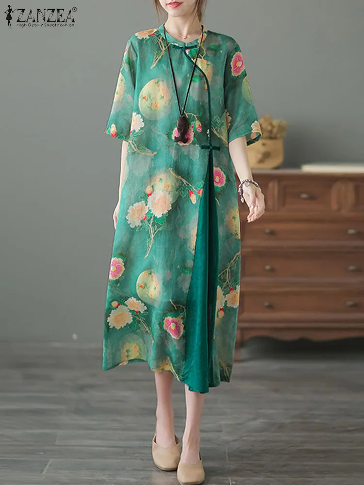 

ZANZEA Knot Robes Bohemian Floral Print Dress Women Half Sleeve Midi Vestidos Chinese Style Cheongsam Dress Vintage 2023 Summer