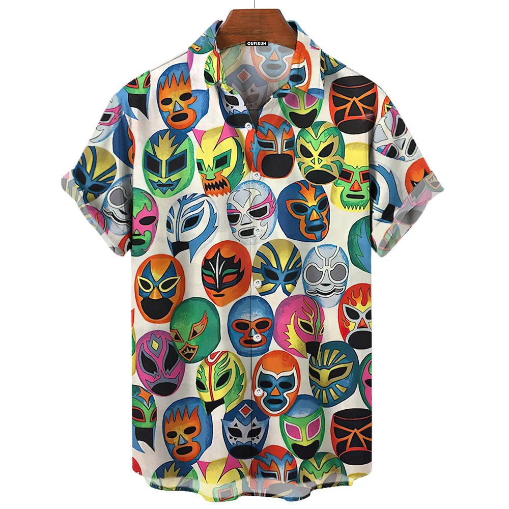 3d Mask Print Men's Shirt Summer lucha libre Short Sleeve Shirt  Casual Hawaiian Shirt For Men Loose Clothing Mexican Wrestling 4