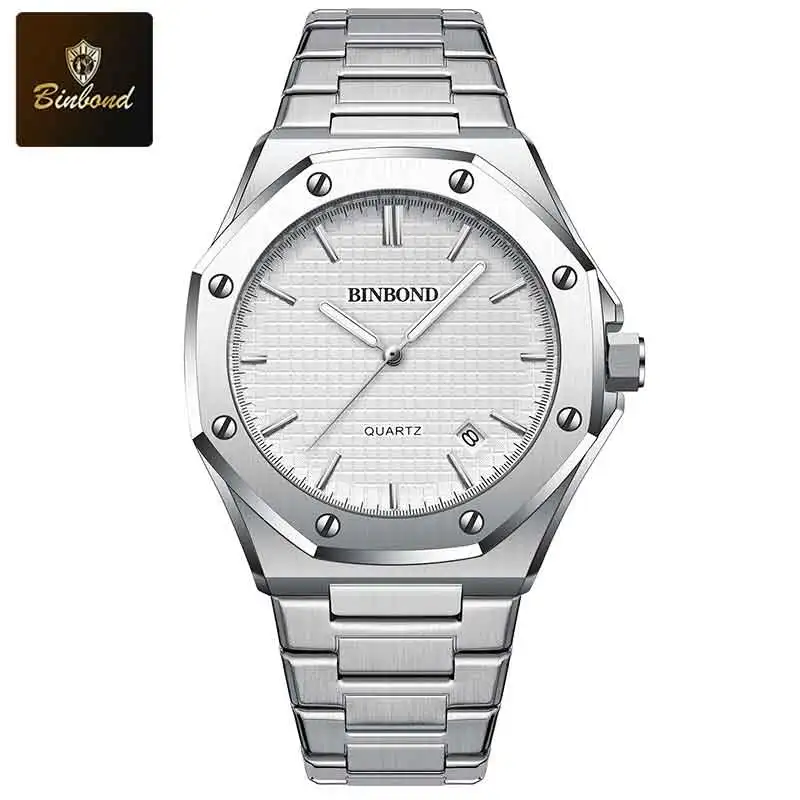 BINBOND Silver Stainless Steel Men's Quartz Watch with Luminous Display and Calendar
