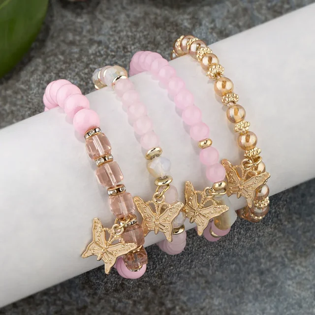 4Pcs Trendy Butterfly Beaded Bracelet Set For Women Pink Acrylic Beads Elastic Chain Bangle Female Bohemian Party Jewelry Gift 2