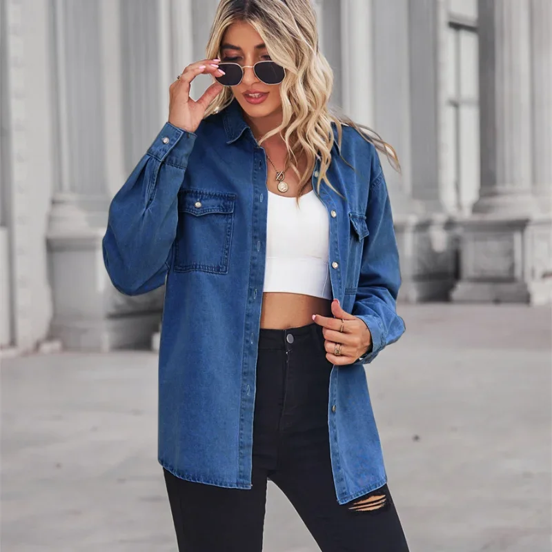 Blue Thin Denim Shirts Women Long-sleeved Lapel Blouses Do Old European and American Light Street Hipster Slim Pocket Dark Tops thin blue and white stripe dotted prints jeans for women european 2023 summer clothes new high waist slim tappered harem pants