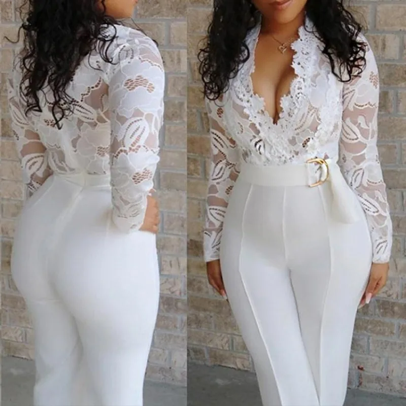 

2023 New Mesh Spliced White Lace Spliced Rompers Women Solid Color Hollow Out High Waist Womens Jumpsuit