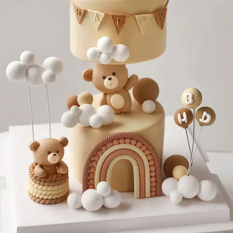 Cute Bear Cake Topper for Baby Birthday Party Decoration Soft Clay Cute Bear Cake Topper for Boy Girl Baby Shower Bear Theme Decoration Birthday Party Wedding Decoration Cake Decorating 2