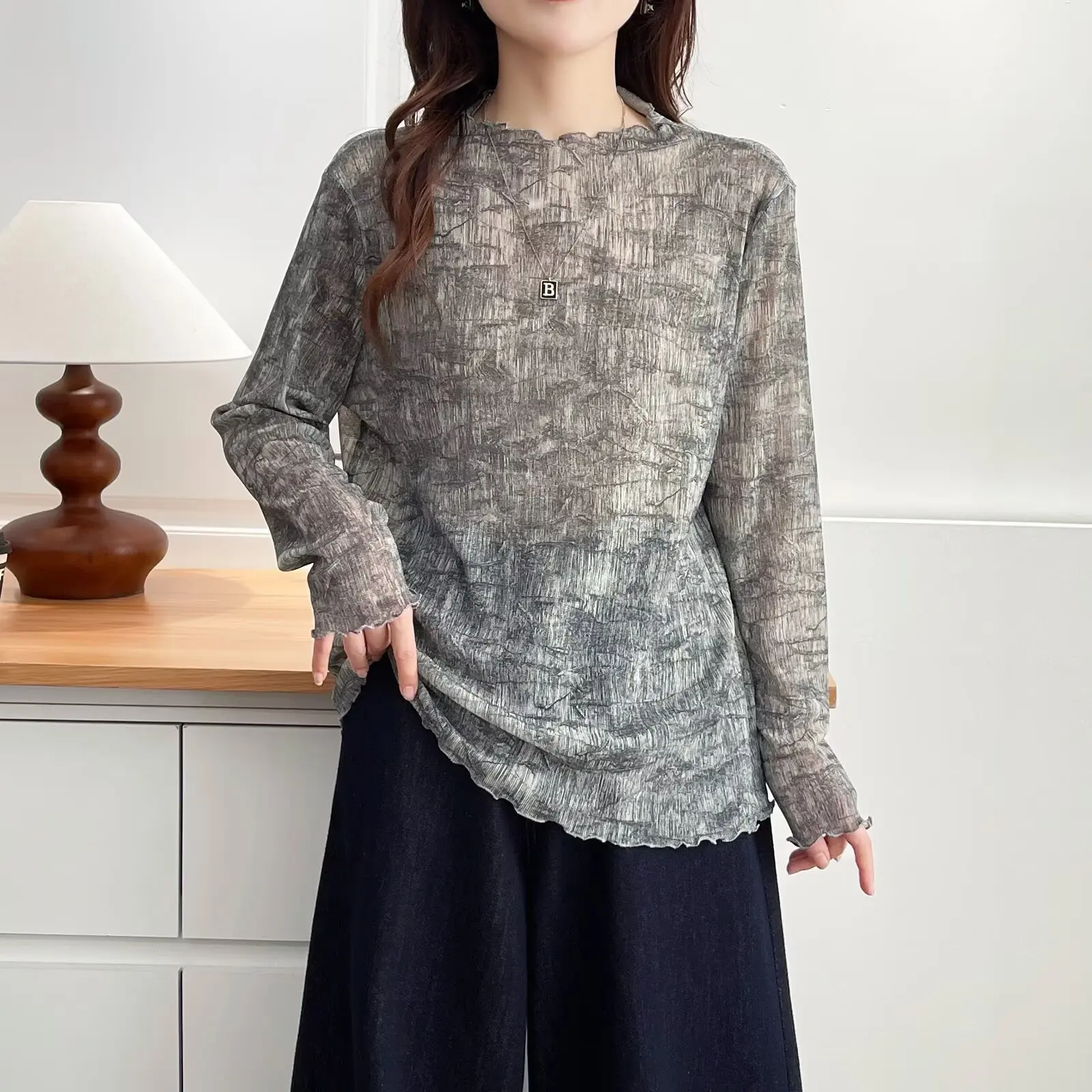 XXXXL Fashion Plus Size Women's T-Shirt 2025 Autumn New Korean Style Lace Bright Silk tie-dyed Long Sleeved Base Top 637