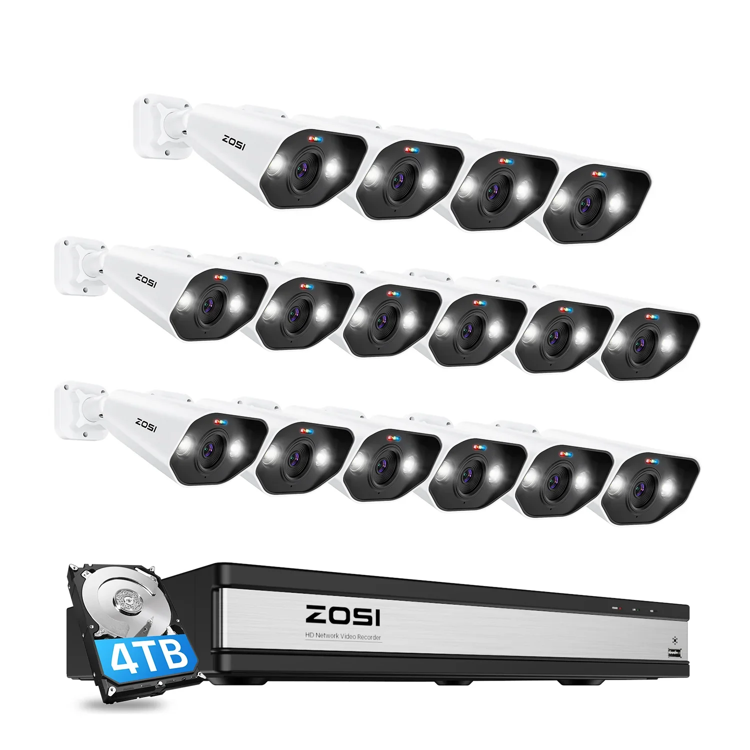 ZOSI 16CH 4K PoE 홈 보안 카메라 시스템, 8MP NVR 세트, 야외 실내 컬러 나이트 비전, AI IP 카메라, 비디오 감시 키트