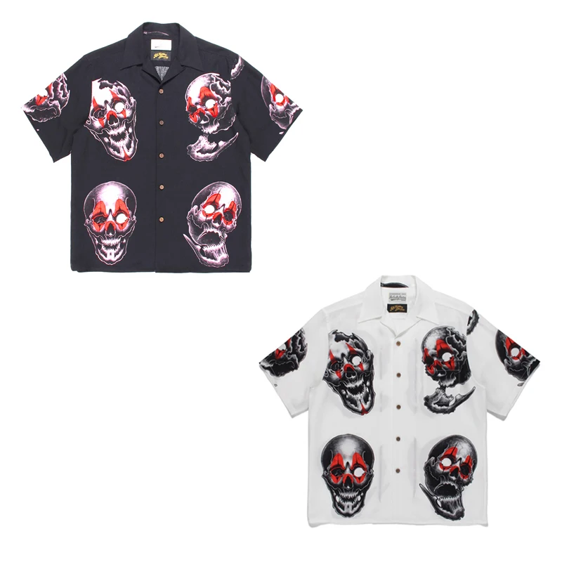 

Black White WACKO MARIA Skull Printing Hawaii Shirts Men Woman Best Quality High Street Trend Casual Lovers Top Tees