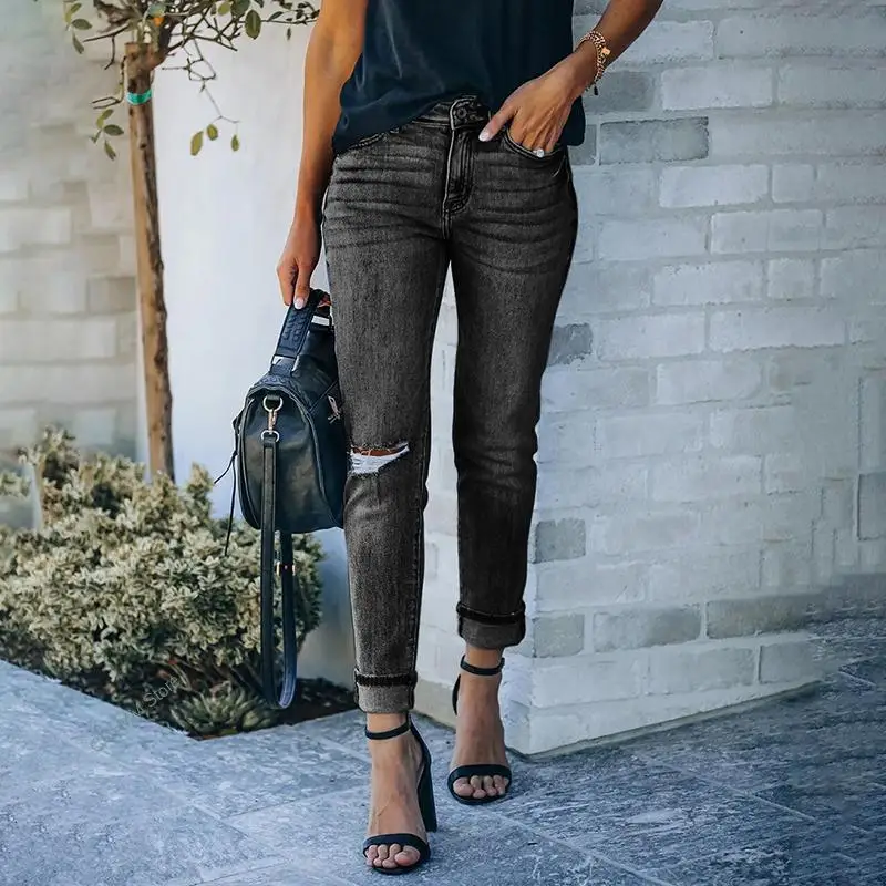 New Pants For Women Ripped Stretch Fashion Blue High Waist Streetwear Vintage Casual Slim Fit Mom Jeans