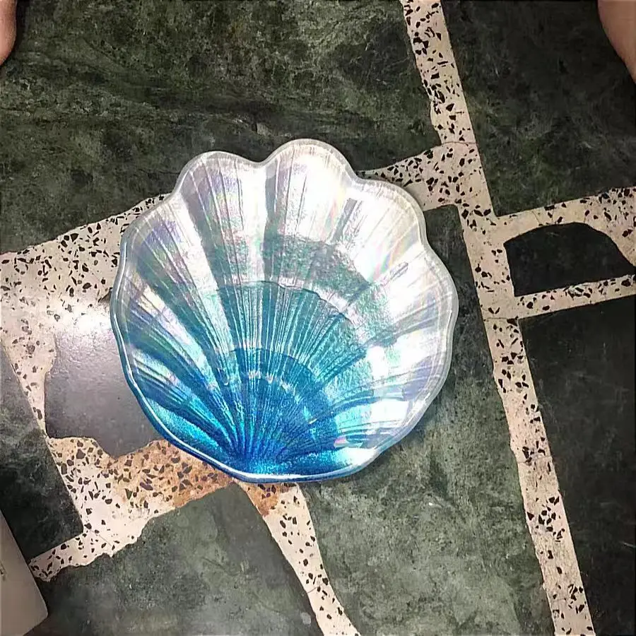 Iridescent shell shape candle glass tray ins style S size 13cm Aromatherapy small glass disc nail tool baht salt holder