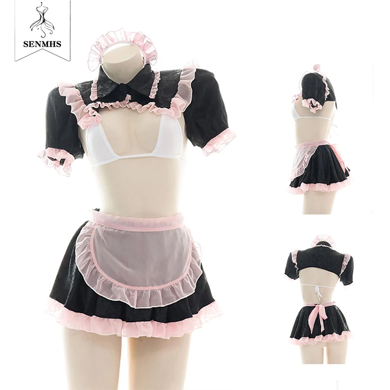 

SENMHS Black Pink Sexy Maid Bikini Set Cosplay Small Breasts Extreme Naughty Erotic Cute Babydoll Lingerie Mini Lolita Costume