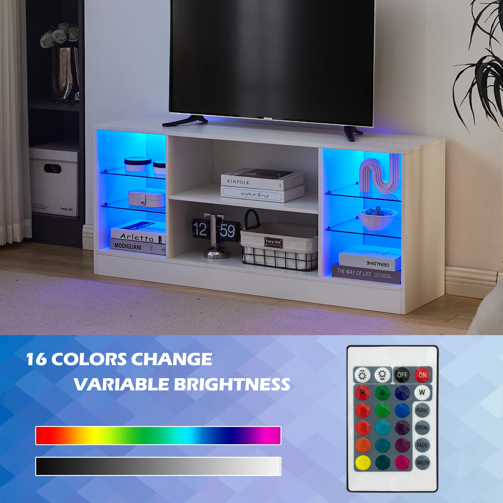 High Gloss White TV Cabinet with LED Lighting TV Cabinet TV Table with Glass Shelf Living Room Furniture Table Board - Image 2