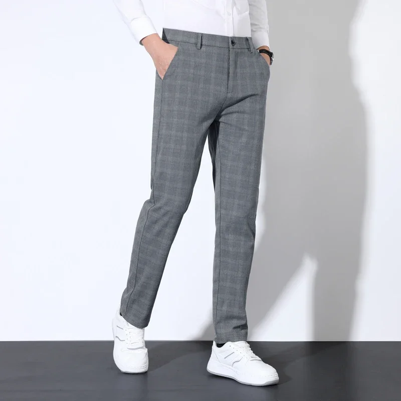 Autumn Winter Men's Plaid Striped Suit Pants Cotton Stretch Straight Business Casual High Quality Classic Fashion Trousers Male