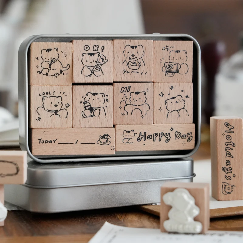 Journal GO 10pcs/box Wooden Rubber Stamps Cat Stamp Set for DIY Craft Card Scrapbooking