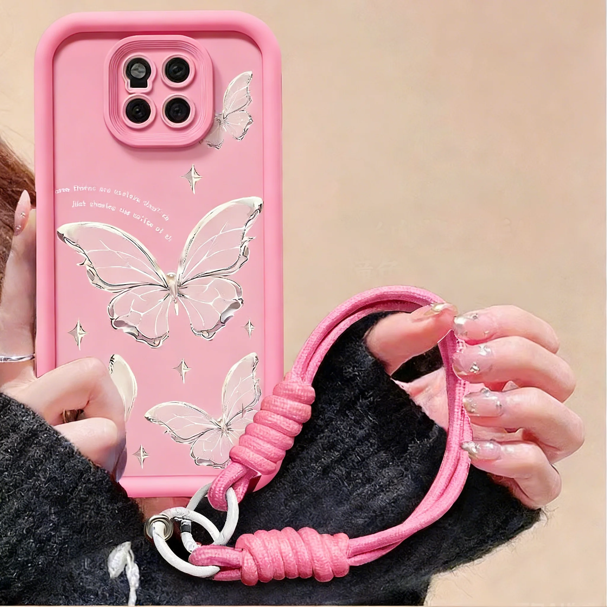 Silver Butterfly Cartoon Multistep Soft Phone Case with Lanyard