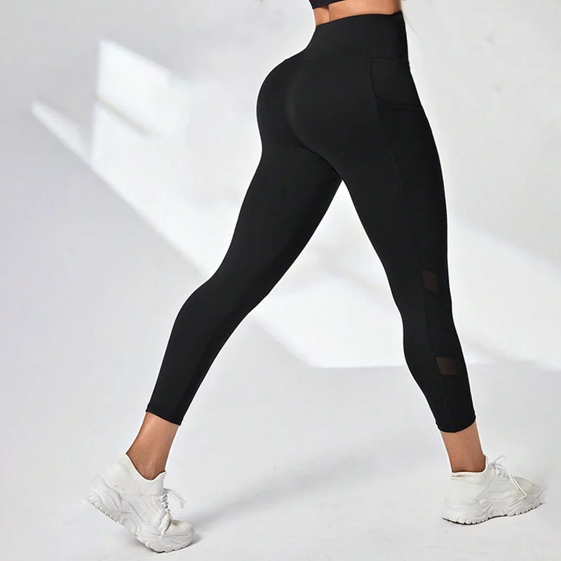 Mesh High Waist Yoga Pants Capri Leggings Women Pockets Tummy Control Workout