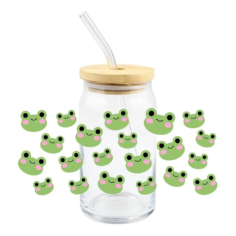 Cute Frog UV DTF Wrap Transfer Stickers Cartoon Green Design DTF Wrap For Glasses Cups Decals Waterproof Decal