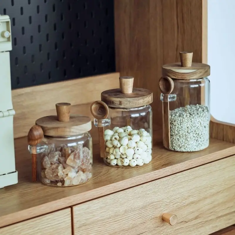 Clear Glass Candy Snack Jar with Spoon Kitchen Sealed Moisture Proof Condiment Bottle Salt Sugar Chili Box Herb Storage Bottle 3