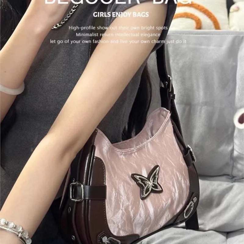 JIAERDI Fairycore Y2k Shoulder Bags Hot Girls Butterfly Leather Half Moon Bag Purse Female Retro Moto Biker Messenger Bag Women